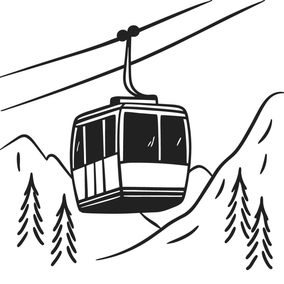 Mountain cable car line art scenic transport, cableway in snowy, tree lined landscape vector