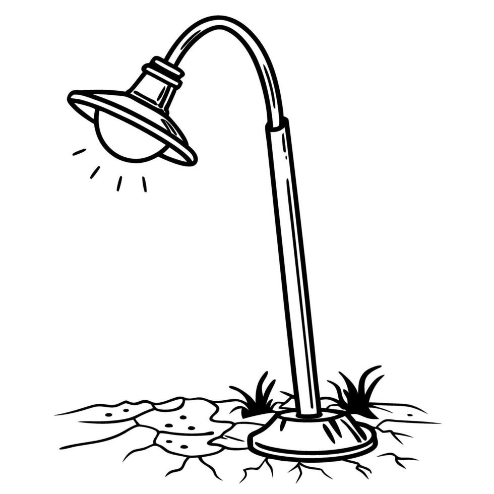 Bent street lamp on cracked pavement with grass growing around base vector