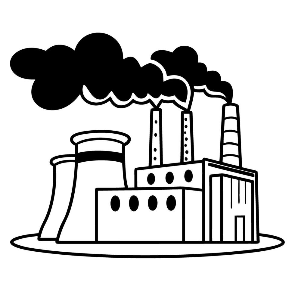 industrial facility with chimneys emitting smoke factory building, pollution, environmental impact illustration vector