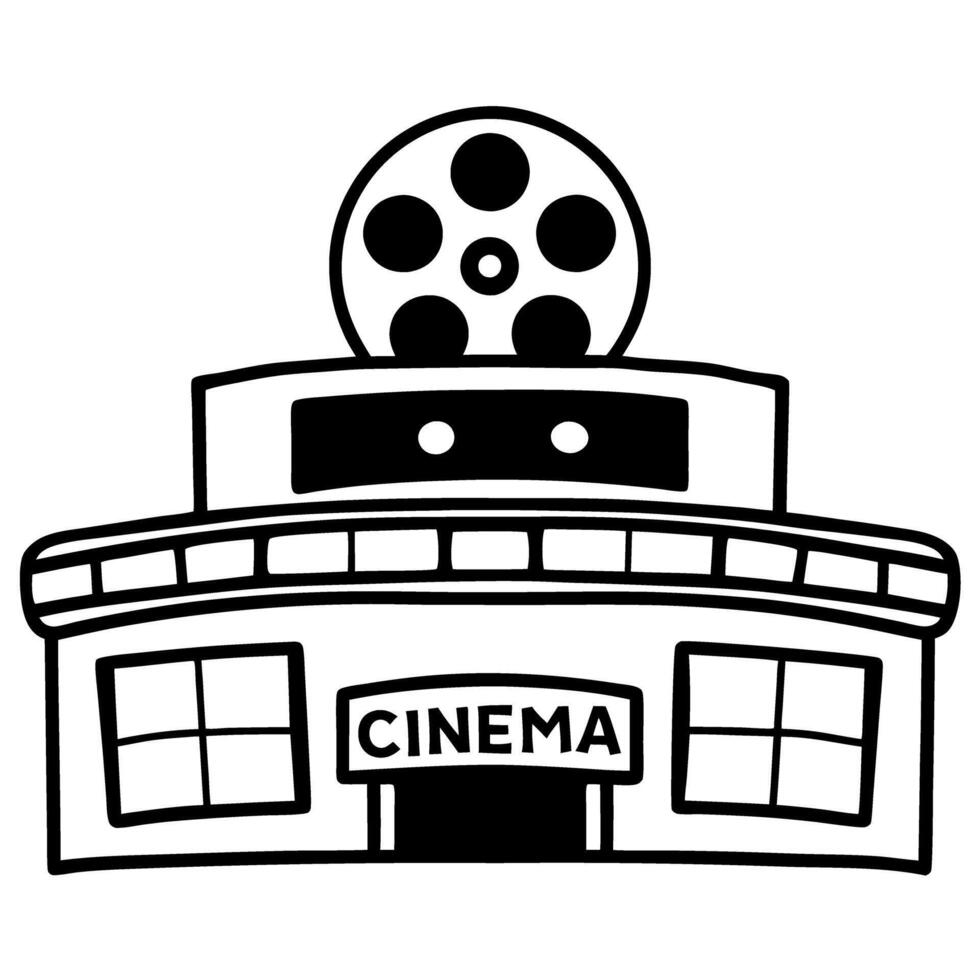 Cinema building icon with film reel and marquee design movie theater symbol, entertainment industry vector