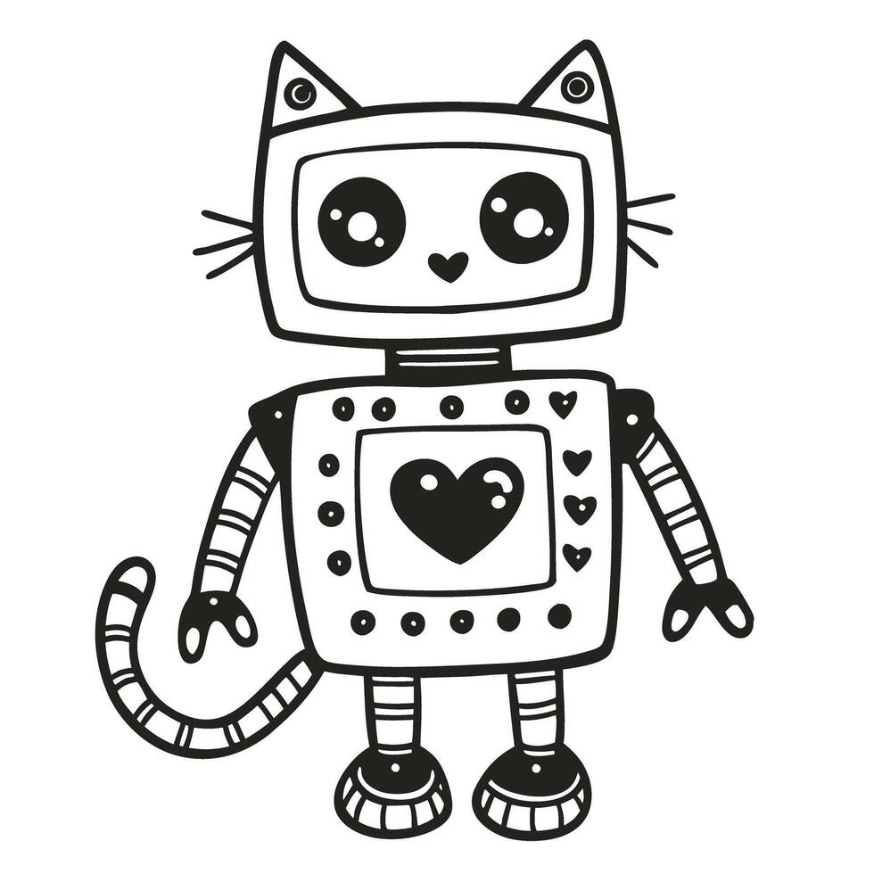 Kawaii robotic cat, cute robot with feline features, black and white doodle vector