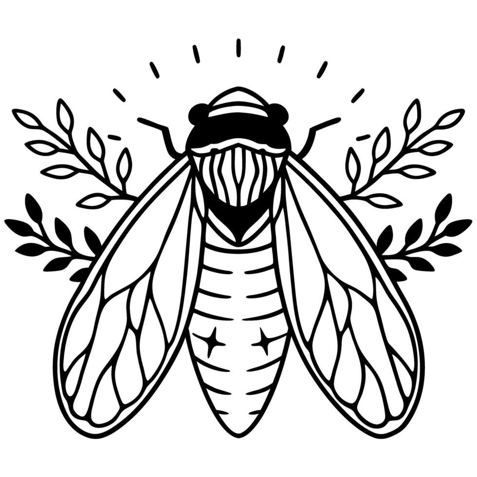 Intricate cicada design with symmetrical wings and branches black and white nature tattoo art vector