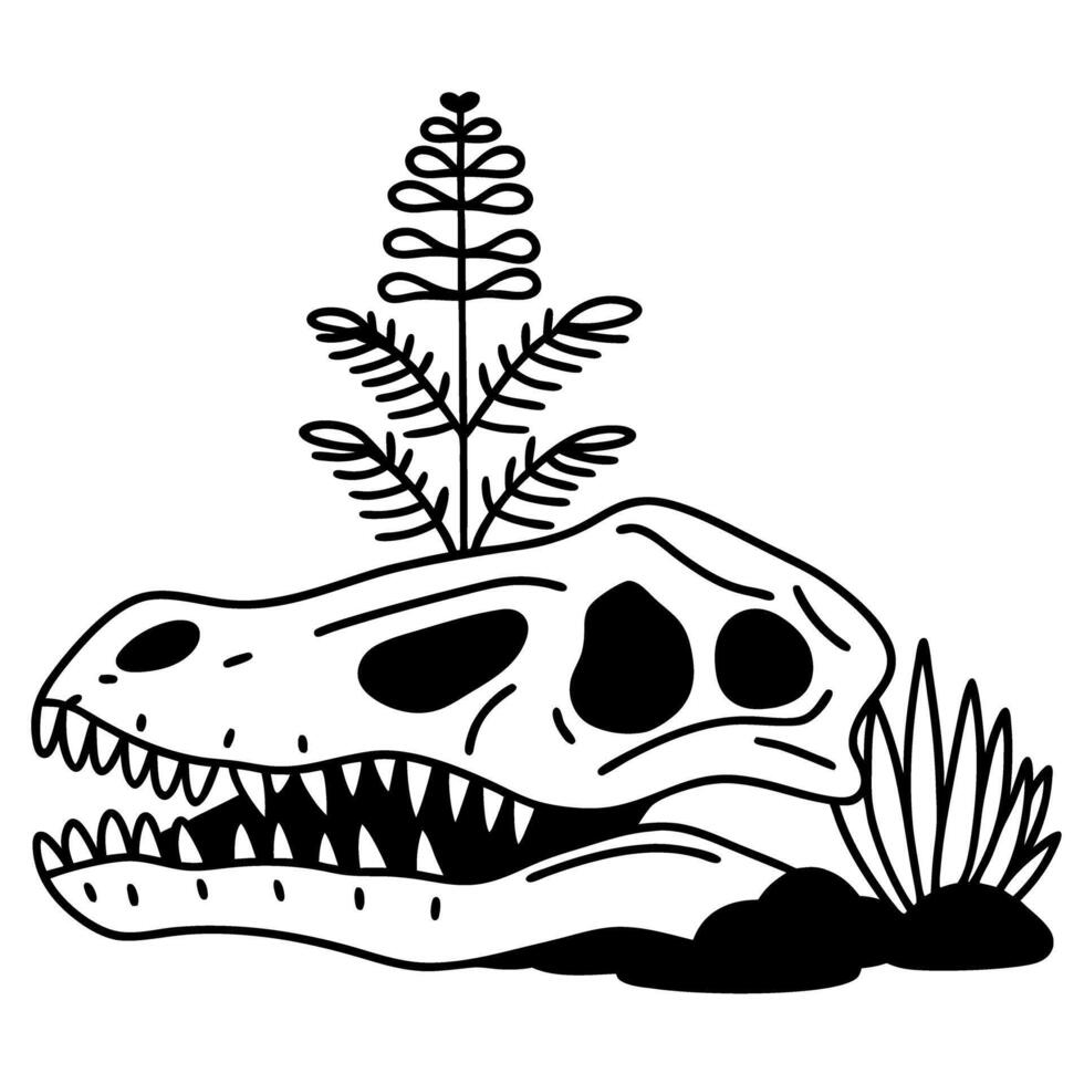 Dinosaur skull buried with ferns and soil prehistoric fossil illustration, ancient paleontology art vector