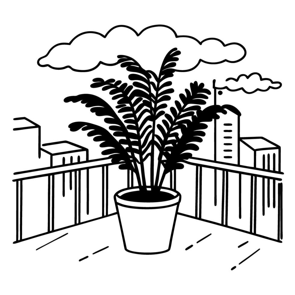 potted plant on urban balcony, city skyline view minimal line art design, tranquility in urban living vector