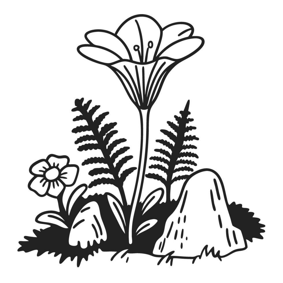 Illustration of wildflowers and ferns growing among rocks in nature setting vector