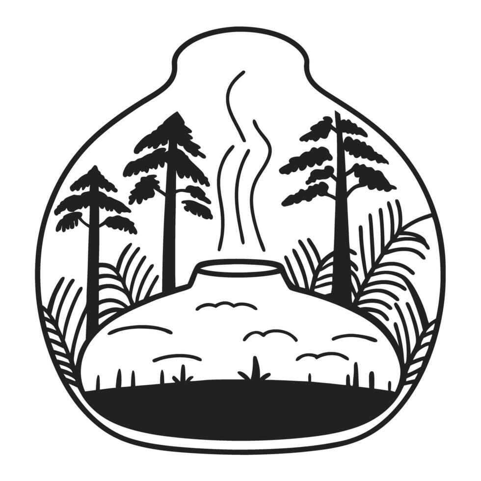 Volcano and pine trees in a dome smoke, nature scene, monochrome illustration, serene landscape vector