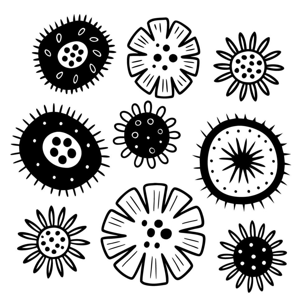 abstract floral pattern black and white decorative flowers with simple geometric shapes vector