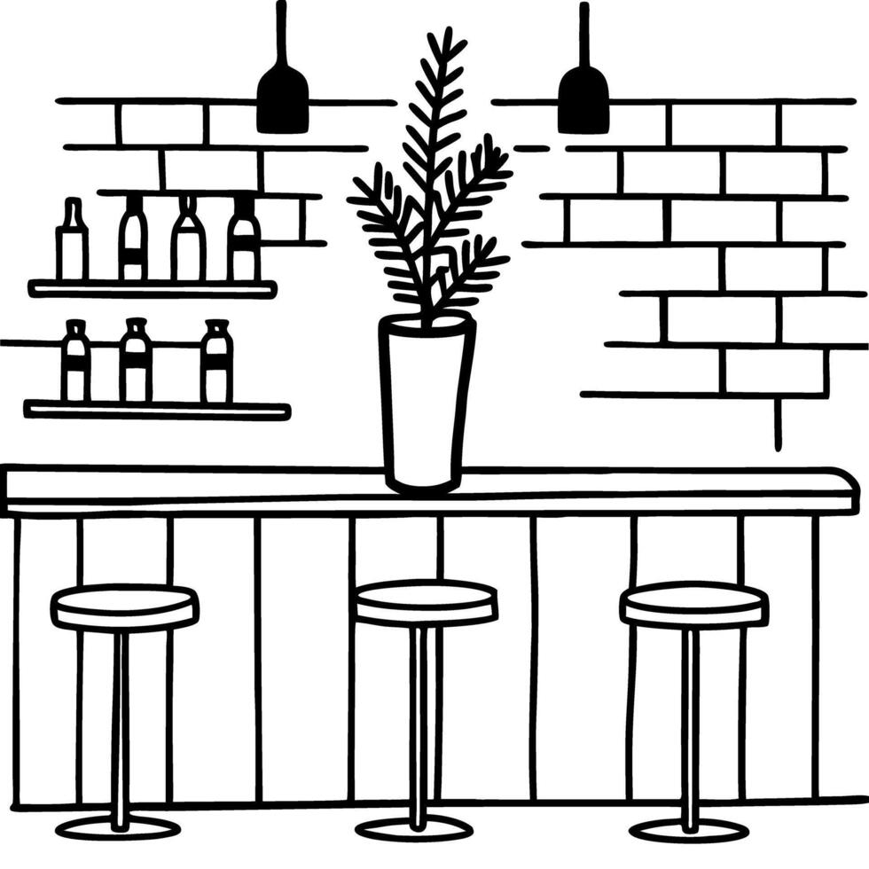Modern minimalist bar interior with stools, shelves, and potted plant illustration vector