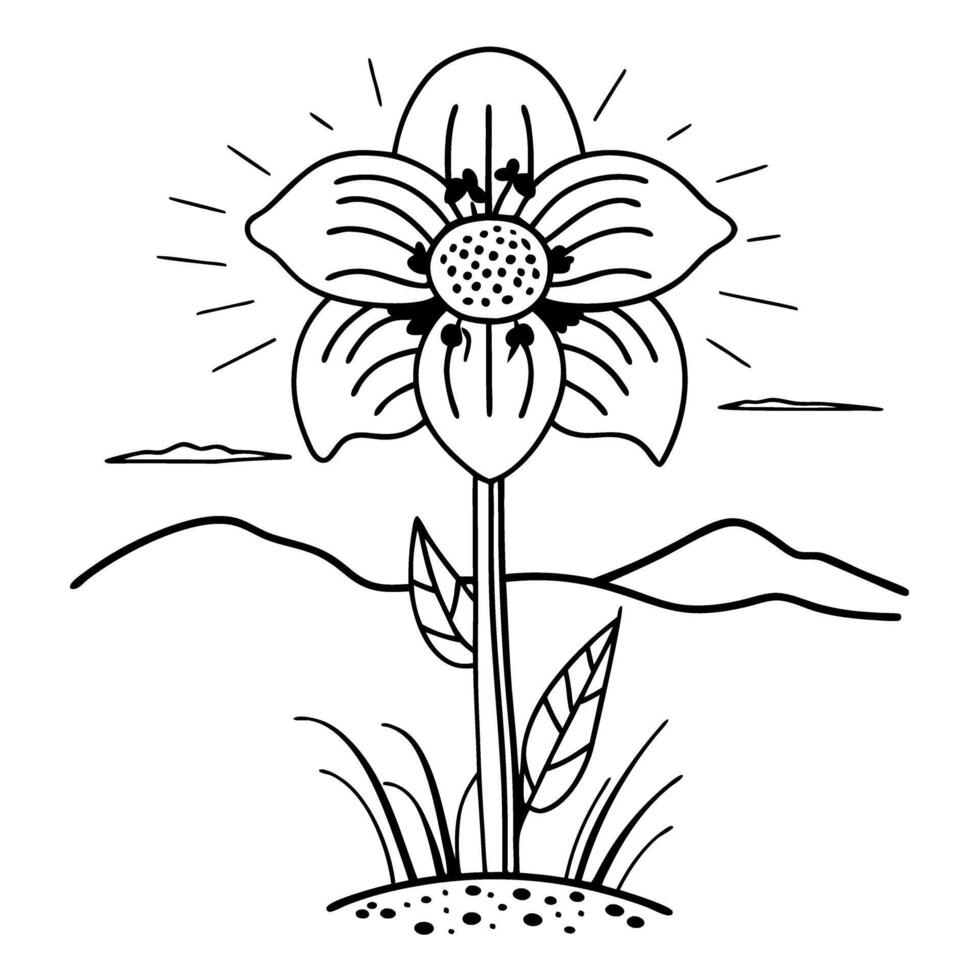 simple floral line drawing of a blooming flower with mountains in the background, nature illustration vector