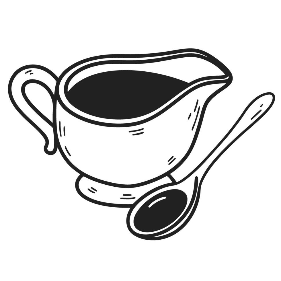 Gravy boat and spoon black and white illustration, sauce container, kitchen utensil, tableware design vector
