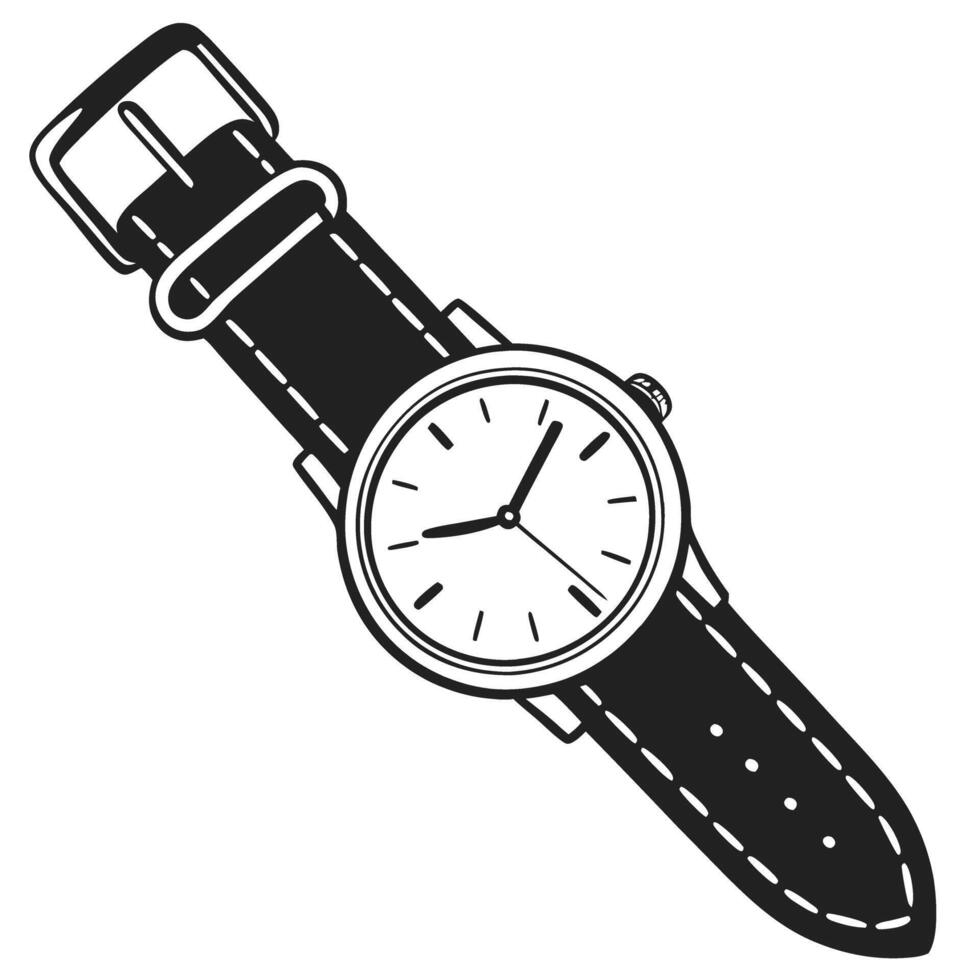 classic wristwatch with leather strap in black and white timeless design, round face with minimalist vector