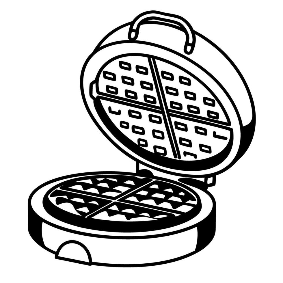 Open waffle maker, classic kitchen appliance black and white illustration, breakfast cooking tool, home culinary art vector