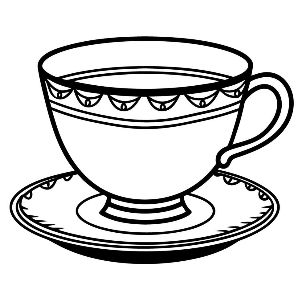 elegant tea cup black and white illustration with saucer, classic ornate design for vintage elegance vector