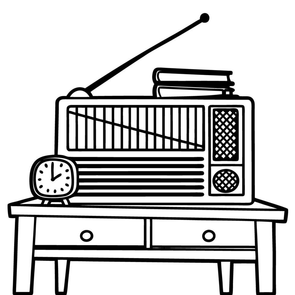 vintage radio with clock on wooden table, analog style, black and white illustration, home decor retro vibes vector