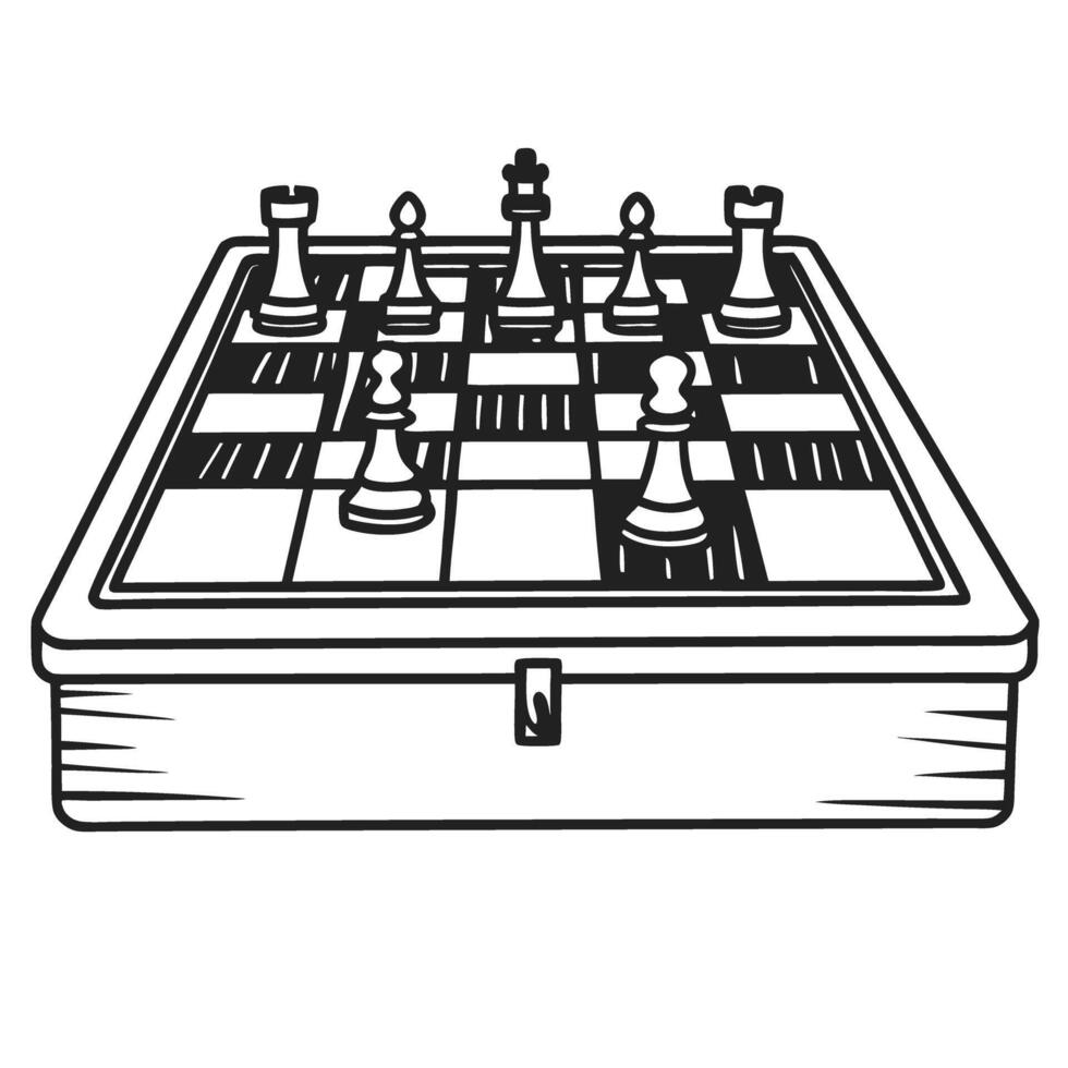 Black and white chess set illustrations on a square board with open lid vector