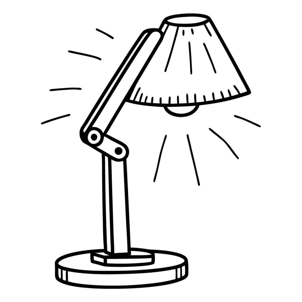 illustration of an adjustable desk lamp with light rays, simple black and white line art vector