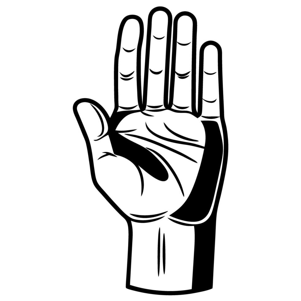 Open hand gesture, black and white illustration symbol of greeting, stop, or offering bold graphic design vector
