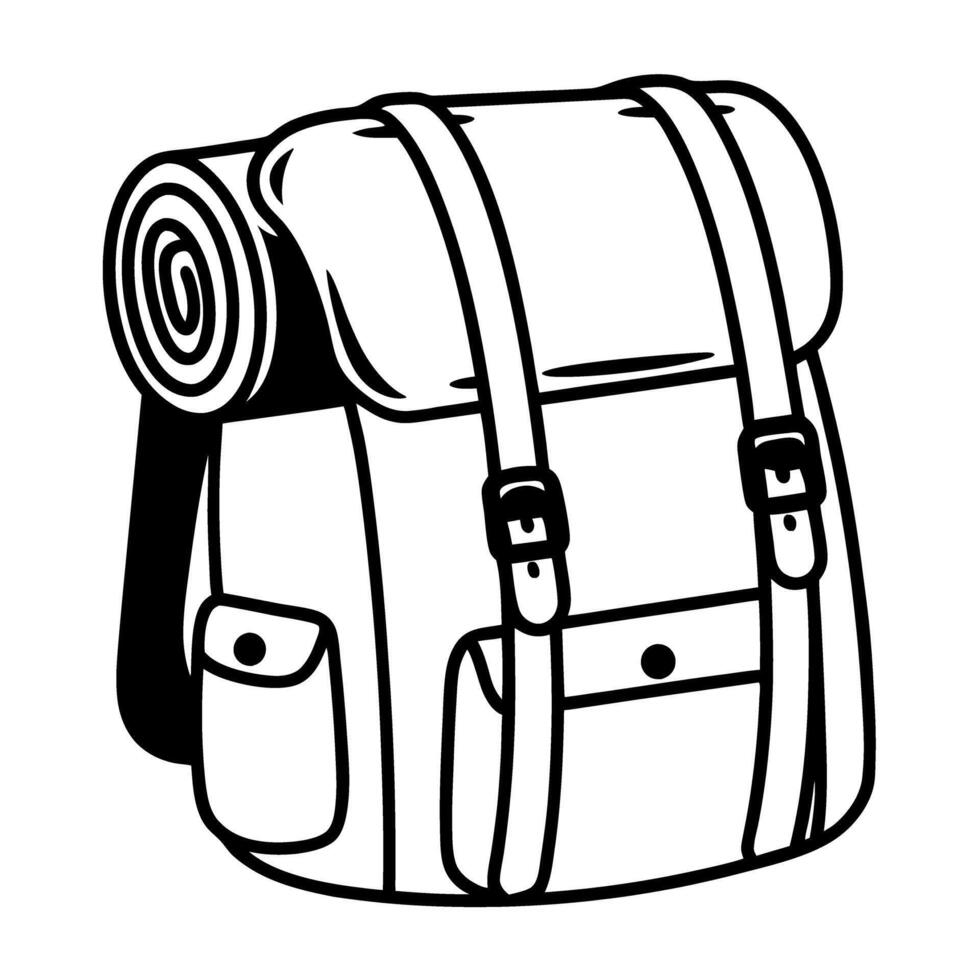 Camping backpack with rolled sleeping bag, outdoor hiking adventure gear vector