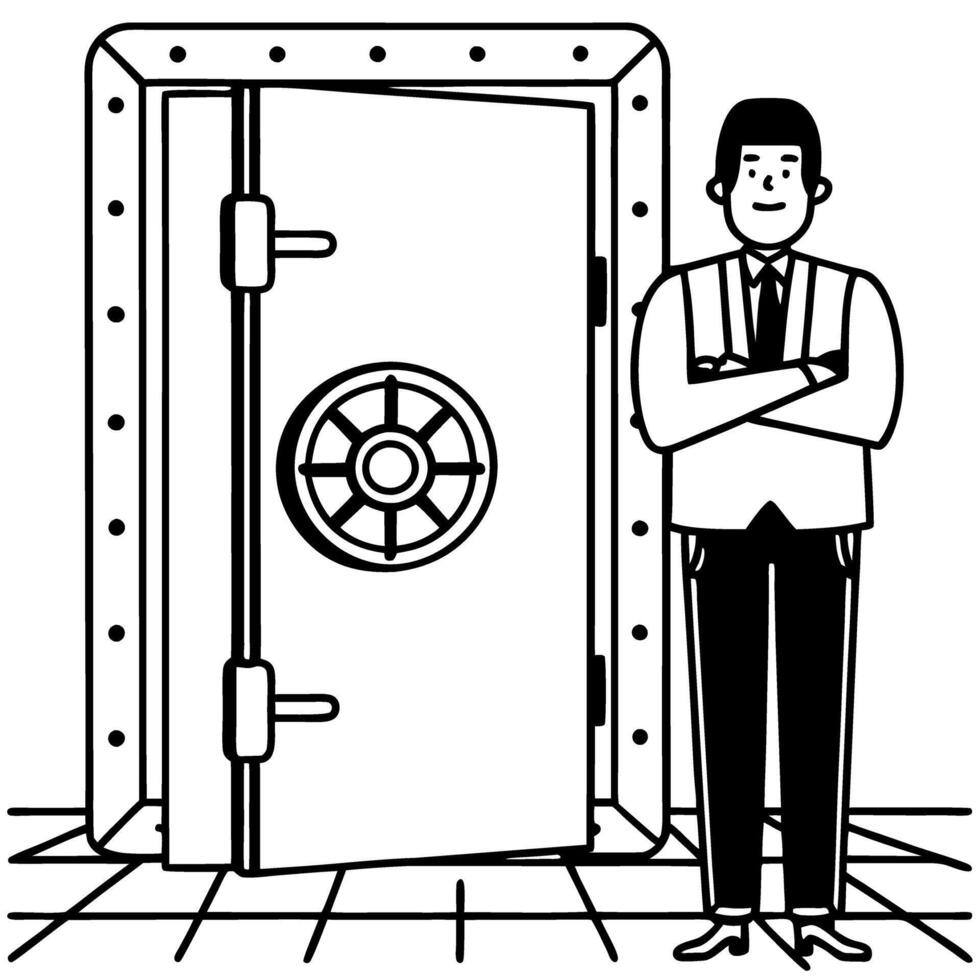 bank vault with security personnel safe open door, protection, financial safety, illustration vector