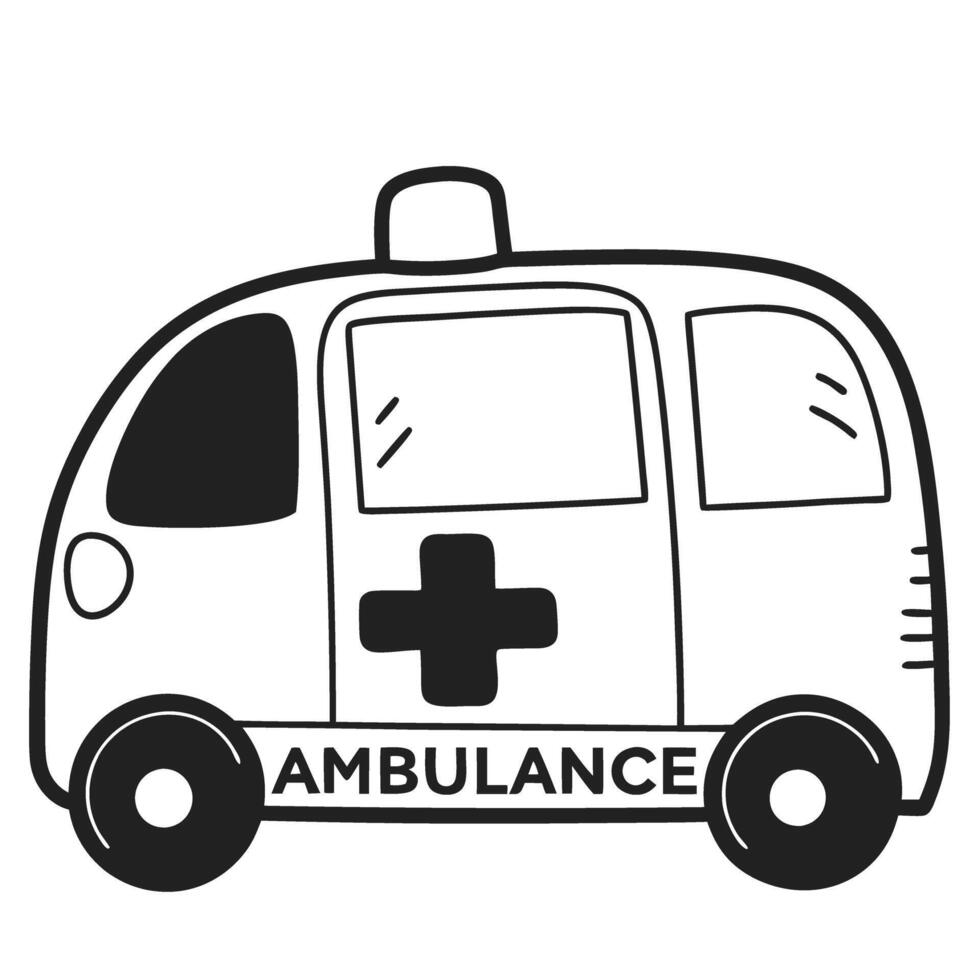 simple ambulance illustration with cross symbol, black and white, emergency vehicle graphic design vector