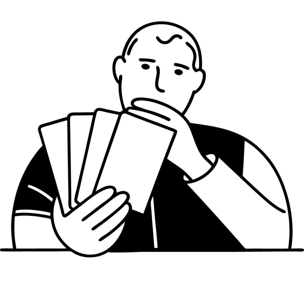 Illustration of a focused card player concentrating with cards in hand vector