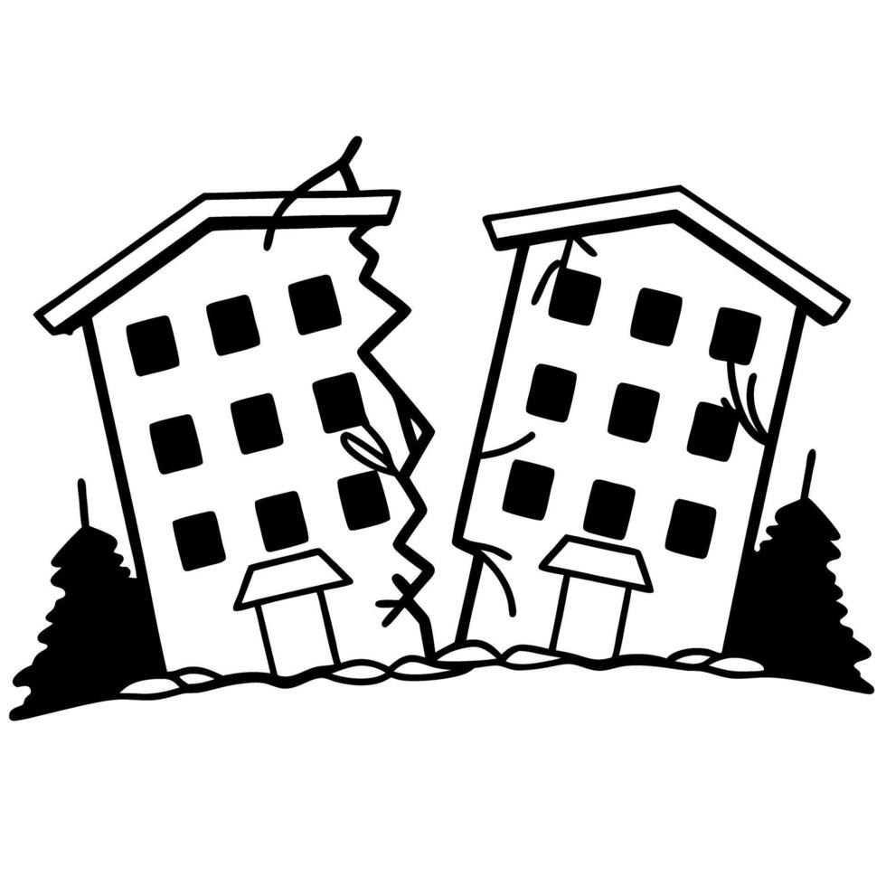 Cracked buildings earthquake damage illustration with leaning towers and rubble vector
