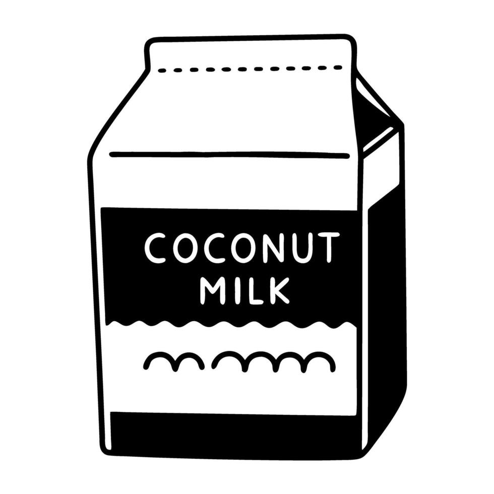 Coconut milk carton illustration black and white packaging design, dairy free alternative vector