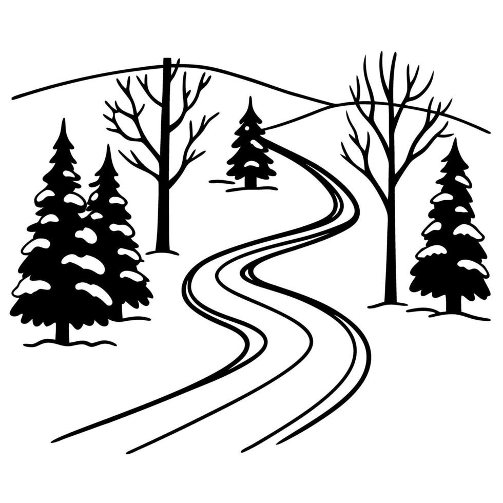 winter landscape with winding road, snow covered pine trees and leafless trees in black and white illustration vector