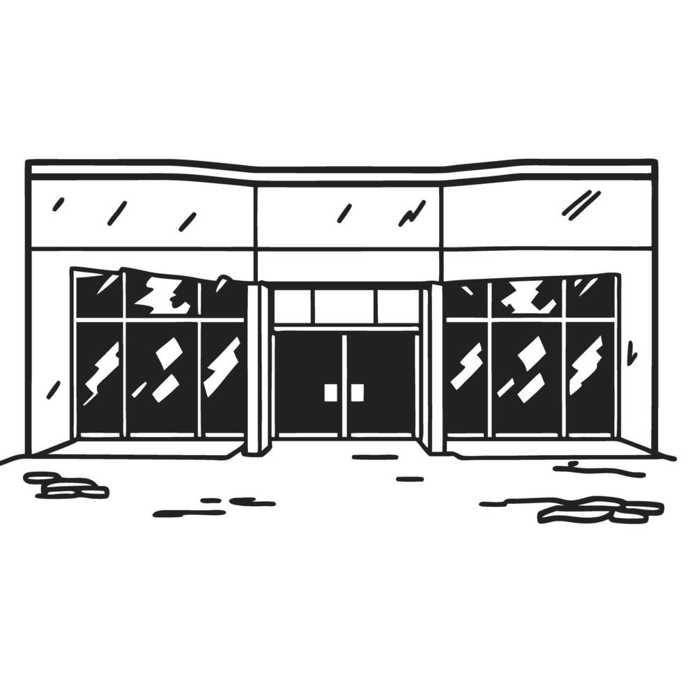 Minimalist storefront line art with large glass windows and double doors, monochrome exterior sketch design vector