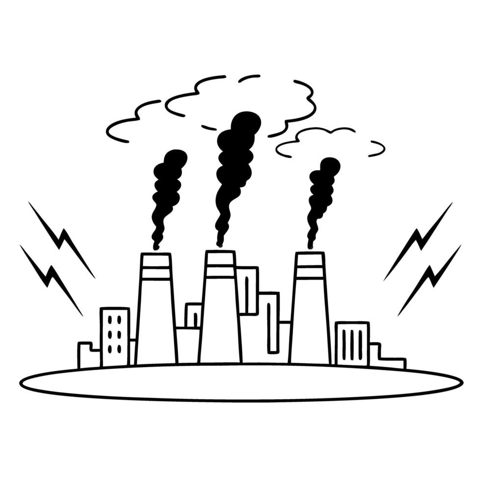 Industrial skyline with chimneys emitting smoke and fumes against cloudy sky, illustrating pollution and environmental impact vector