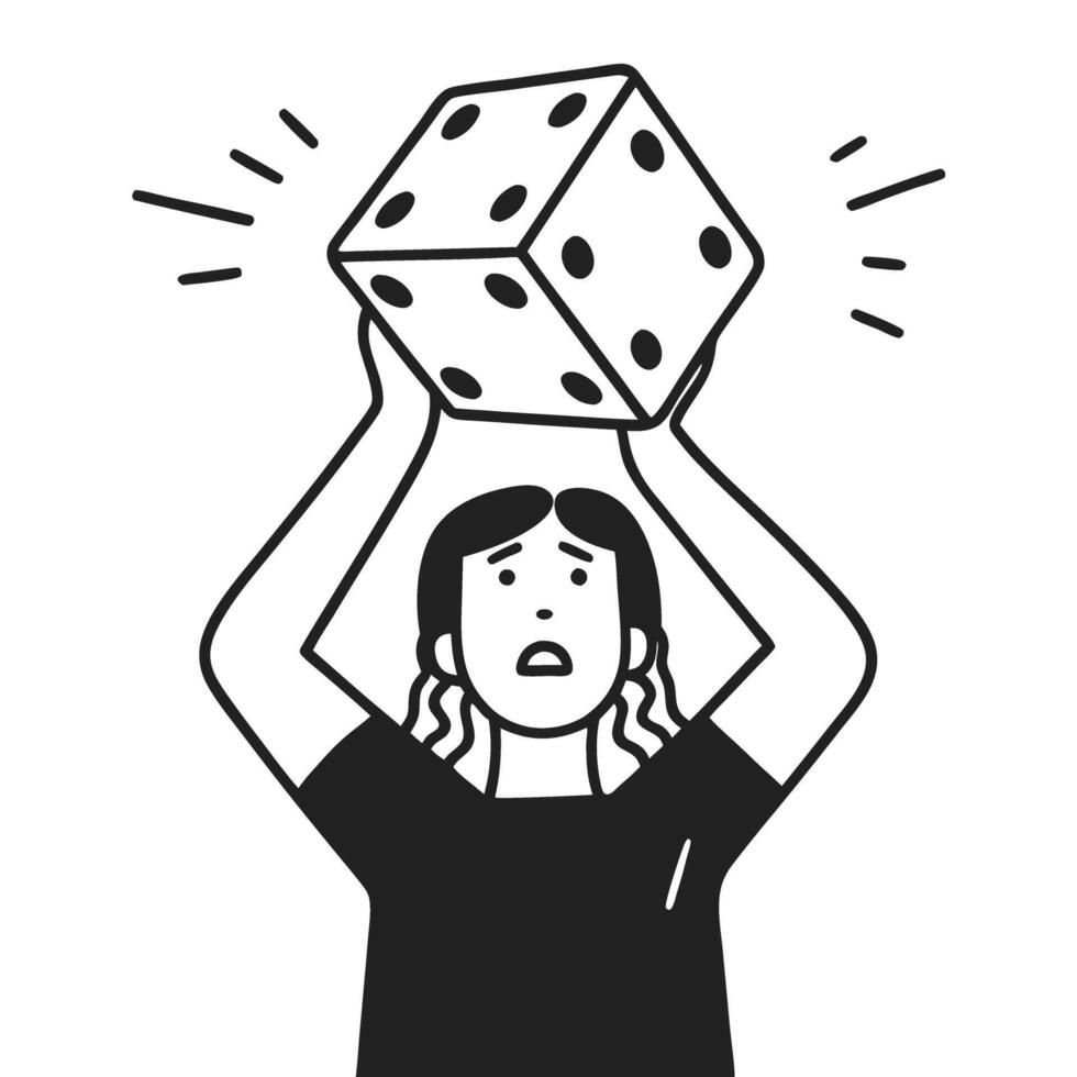 Illustration of surprised person holding oversized die above head, black and white line art vector