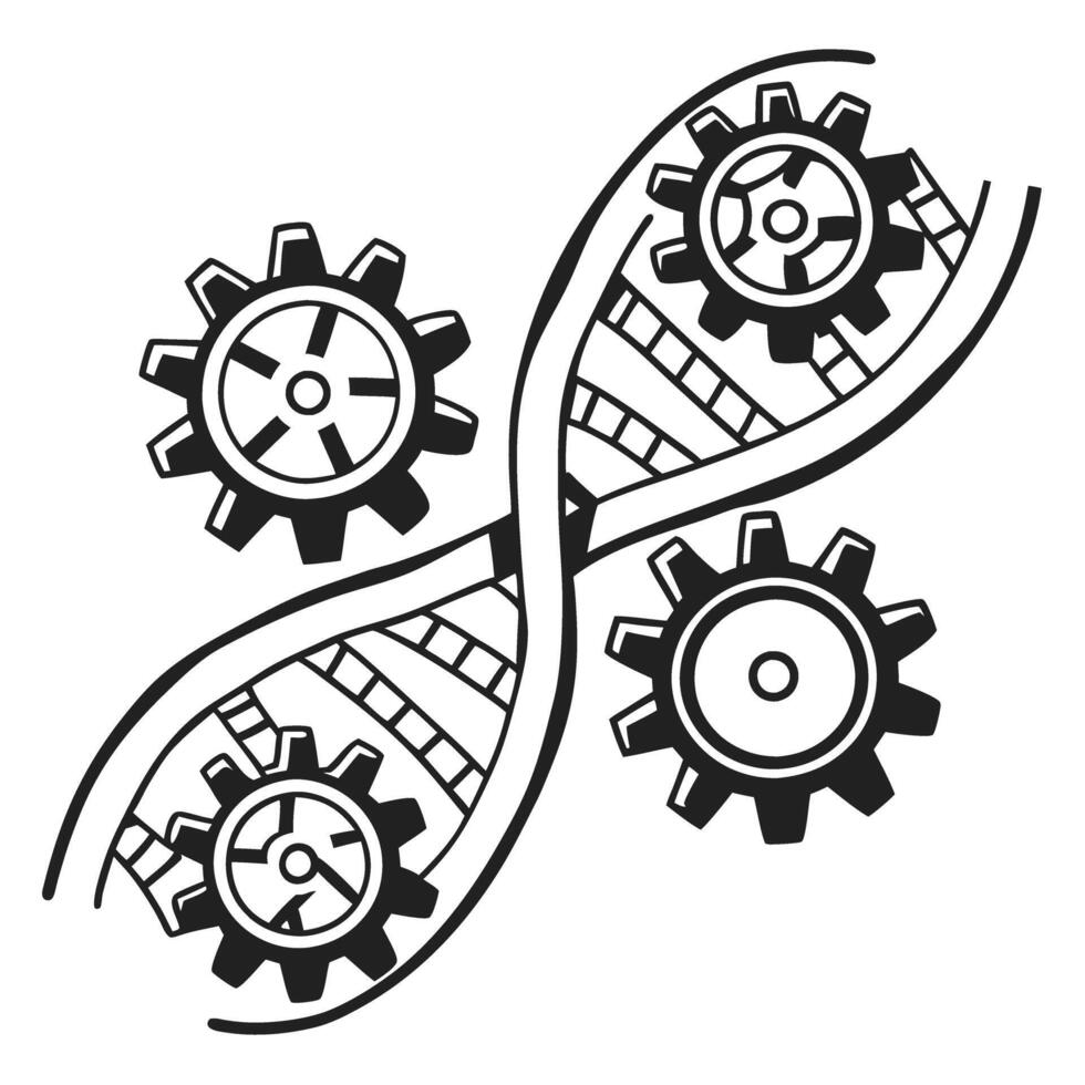 Dna and technology fusion intertwined gears representing genetic engineering and innovation vector