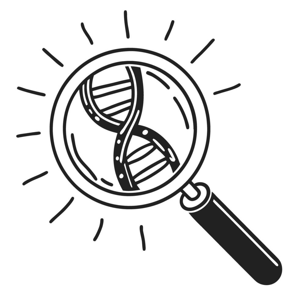 magnifying glass focusing on dna strand genetic research, science exploration concept vector