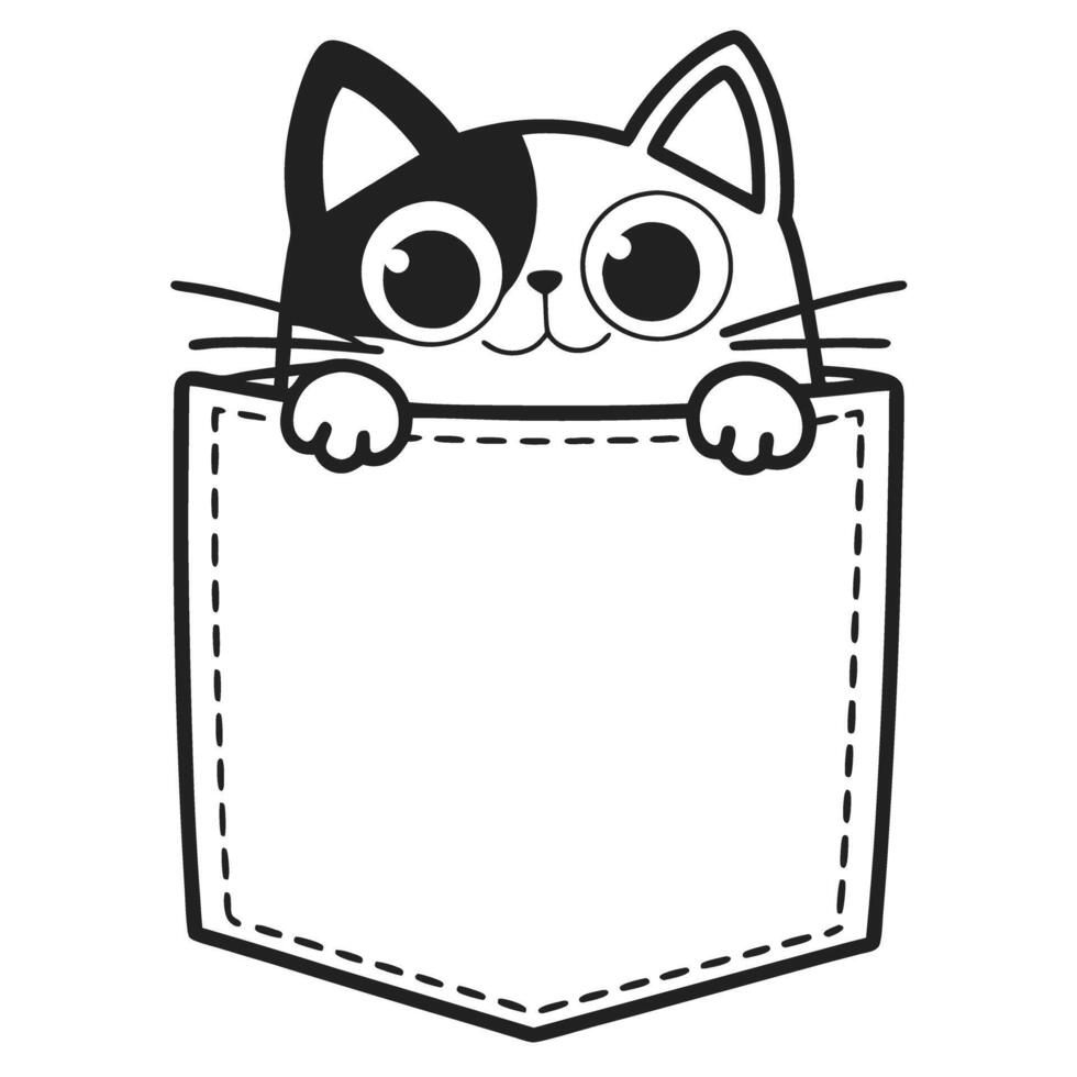 Cute cat peeking from pocket adorable black and white kitten illustration, playful feline design vector