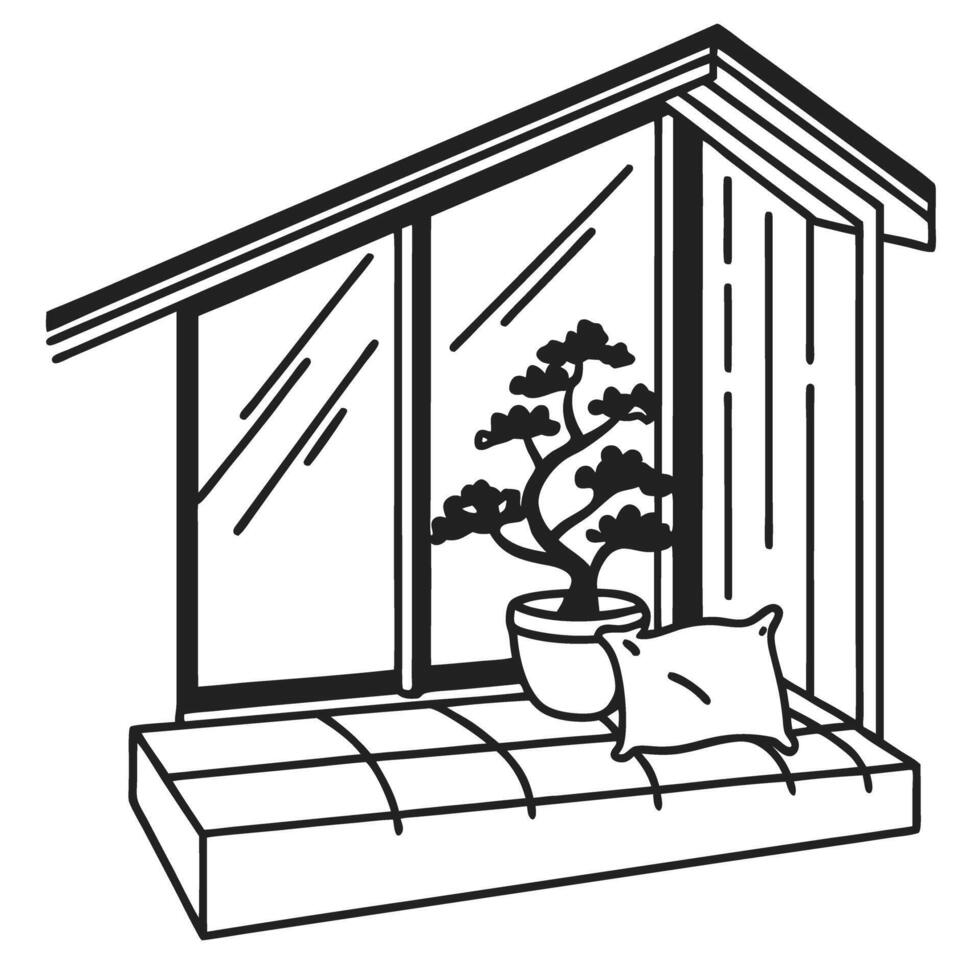 potted bonsai tree on windowsill, modern architectural design, minimalistic art line illustration vector
