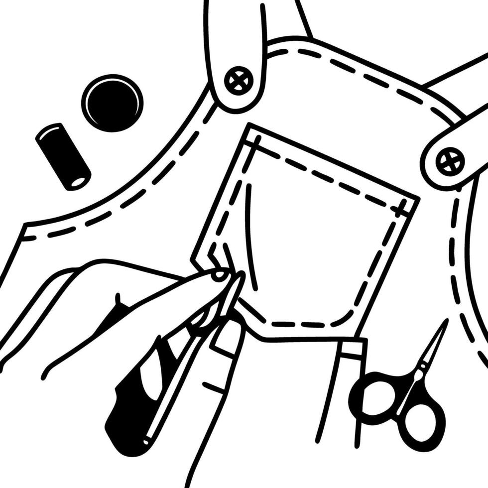 Sewing illustration hand stitching pocket with scissors and thread essentials vector