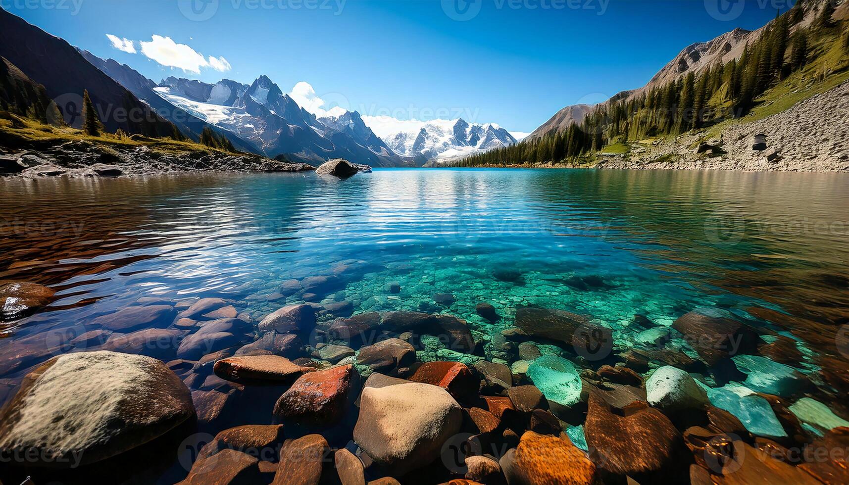 Clear turquoise lake with rocky shores and pine trees beneath snow capped mountains and blue sky photo