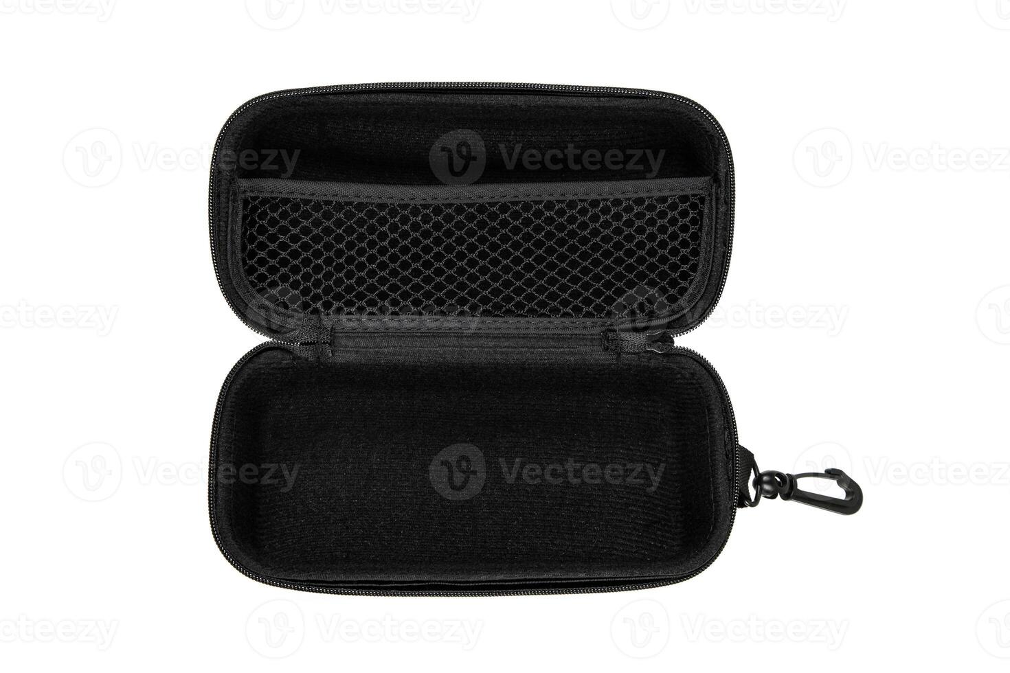 Black textured hard case with zipper and carabiner, ideal for organizing and protecting small items or accessories, isolated on a white back photo
