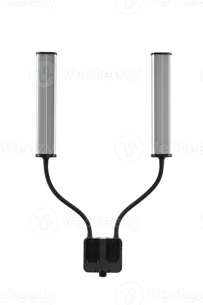 A professional LED light panel with dual adjustable arms and a polished black frame, designed for adaptable studio and lighting setups, isolated against a white backdrop. photo