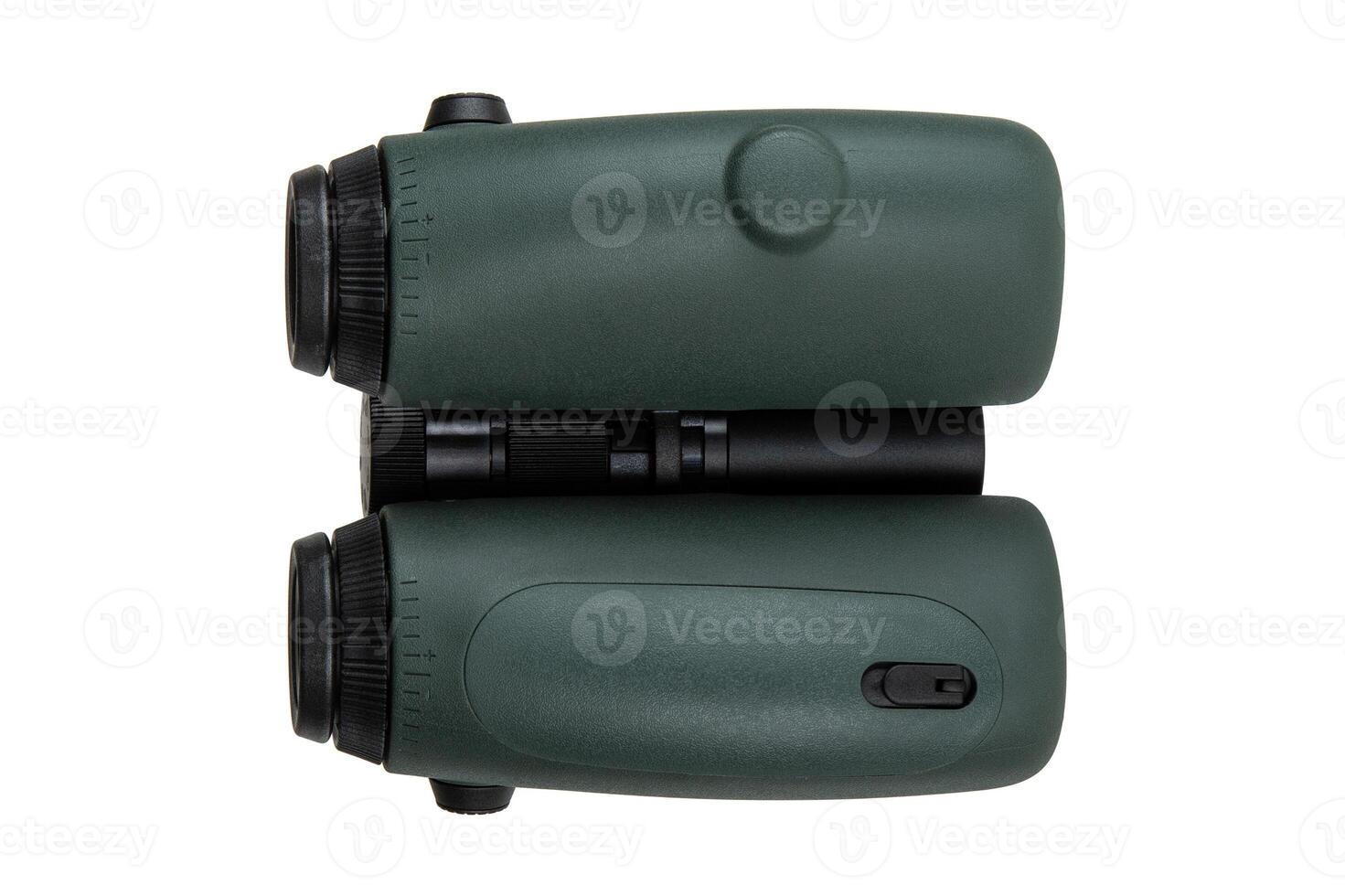 High-quality binoculars with green rubberized coating, black central focus wheel, and ergonomic design, isolated on a white back. View from below. photo