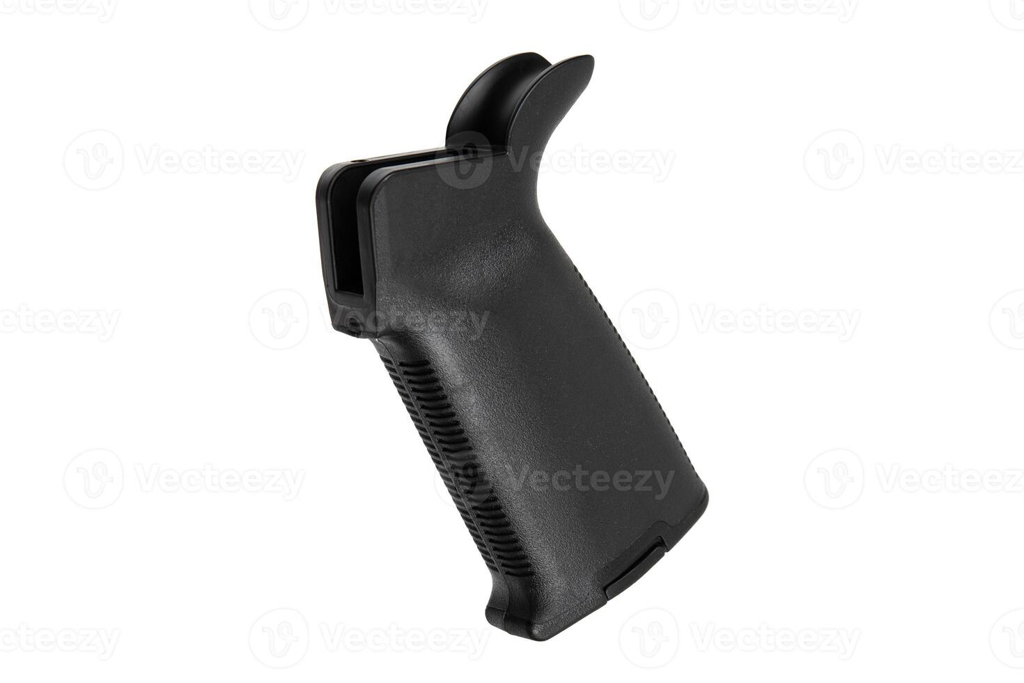 Durable black pistol grip made from polymer with an ergonomic design, presented on a clean white canvas. photo