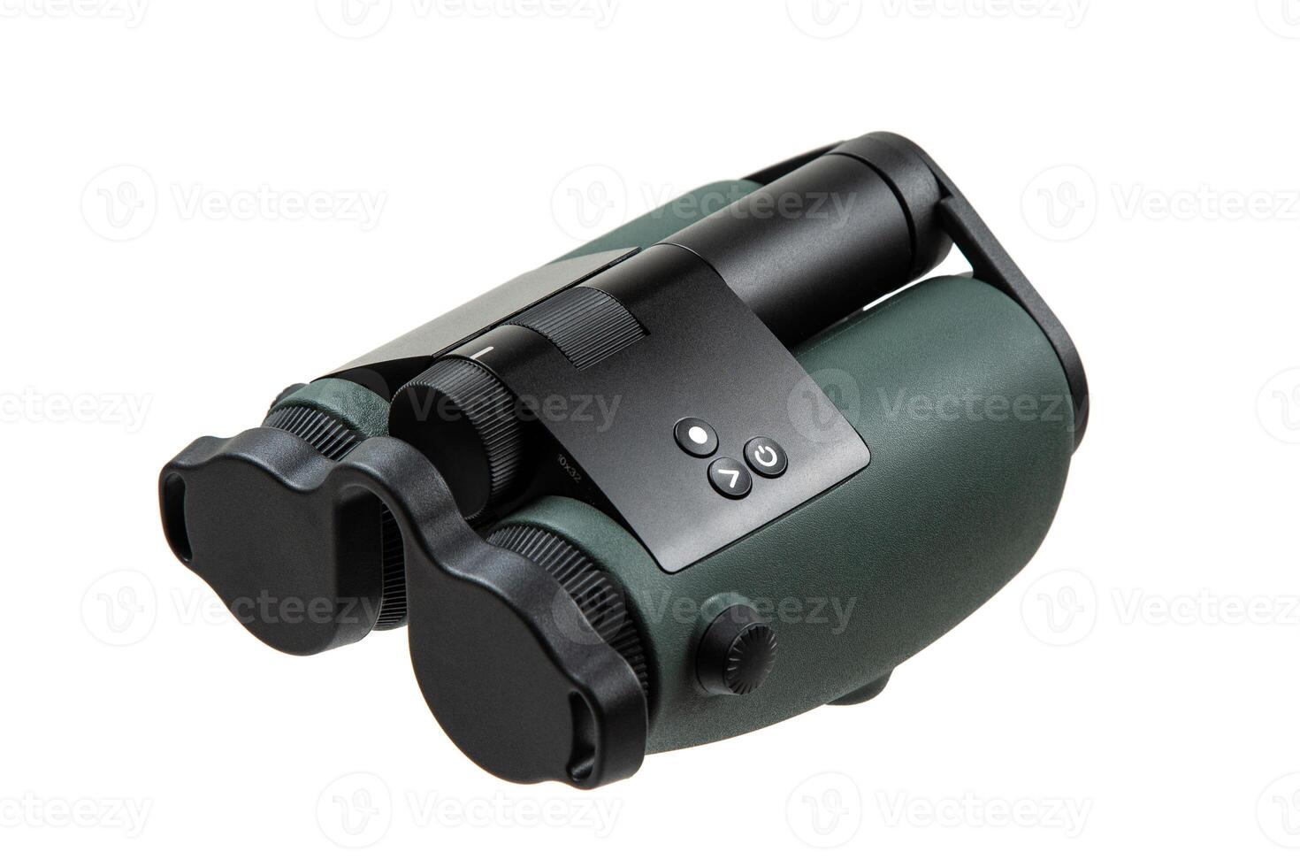 High-quality binoculars with green rubberized coating, black central focus wheel, and ergonomic design, isolated on a white back. The eyepieces are closed. photo