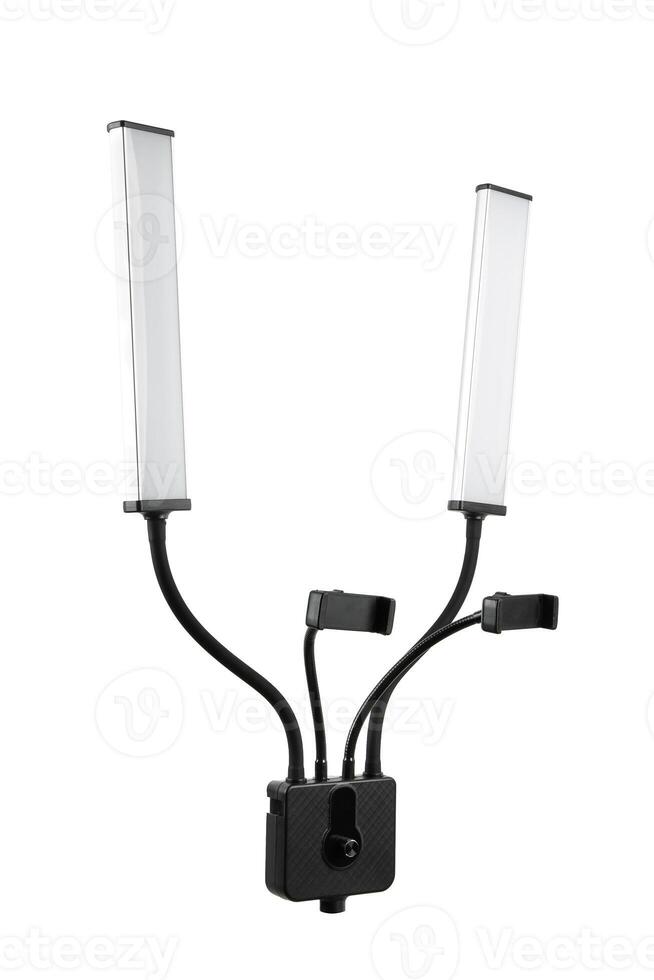 Dual LED light setup with flexible arms and adjustable clamps, ideal for professional photography and recording. photo