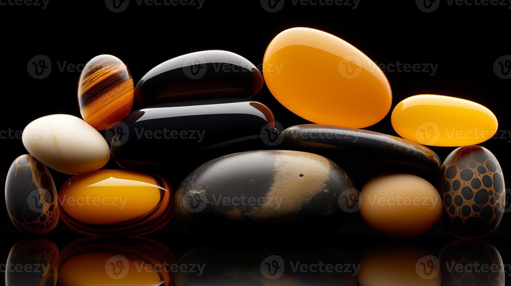 Polished stones in diverse shapes and sizes with tones of black, white, yellow, orange, and beige, artistically arranged against a black surface. photo