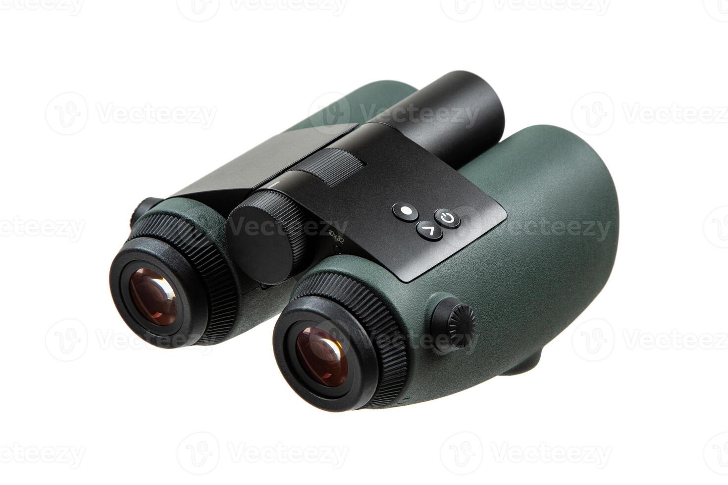 High-quality binoculars with green rubberized coating, black central focus wheel, and ergonomic design, isolated on a white back. photo