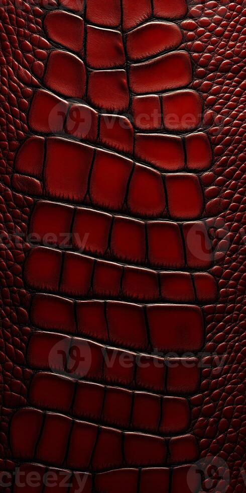 Close-up of textured red crocodile leather, showcasing its polished surface and distinctive organic design. photo
