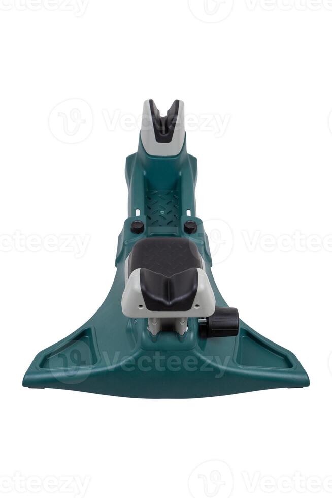 A green and gray shooting rest, crafted for stability and precision, featuring adjustable elements, isolated on a clean white surface. photo