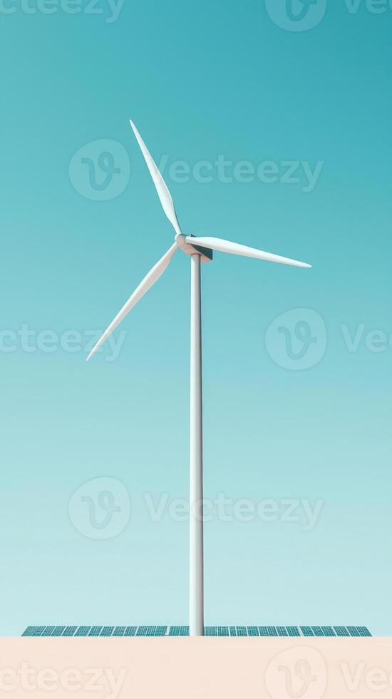 A modern wind turbine generating renewable energy against a clear blue sky. photo