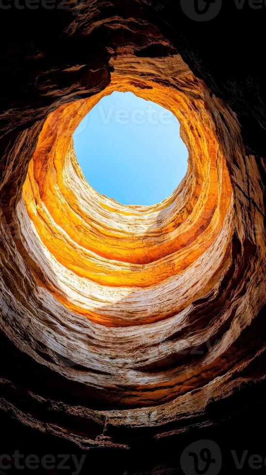 A breathtaking view of a natural rock formation with blue sky above. photo