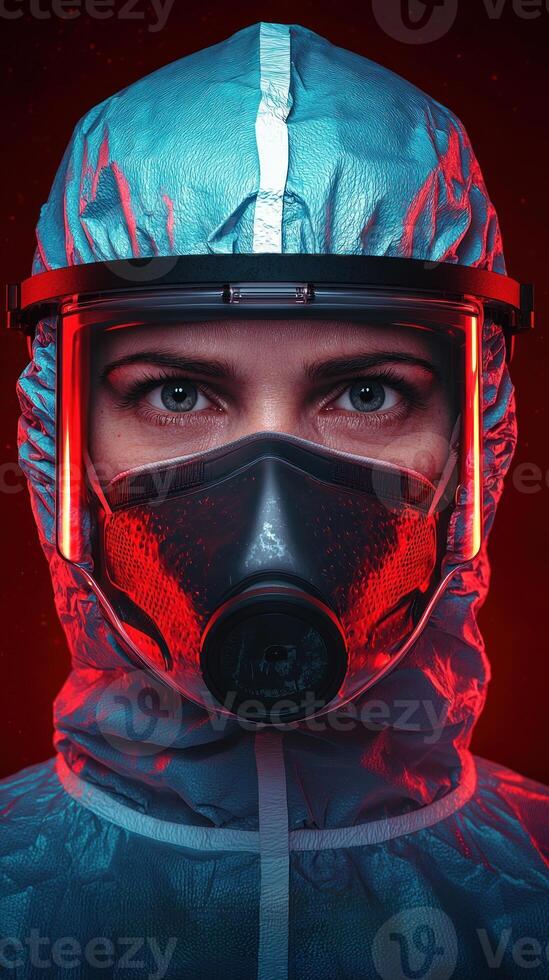 A healthcare worker in protective gear faces the camera with determination and focus. photo